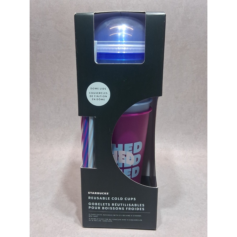 5x Starbucks Summer 2024 Printed Dome Lid Reusable Plastic Cold Cups Straw 24 oz